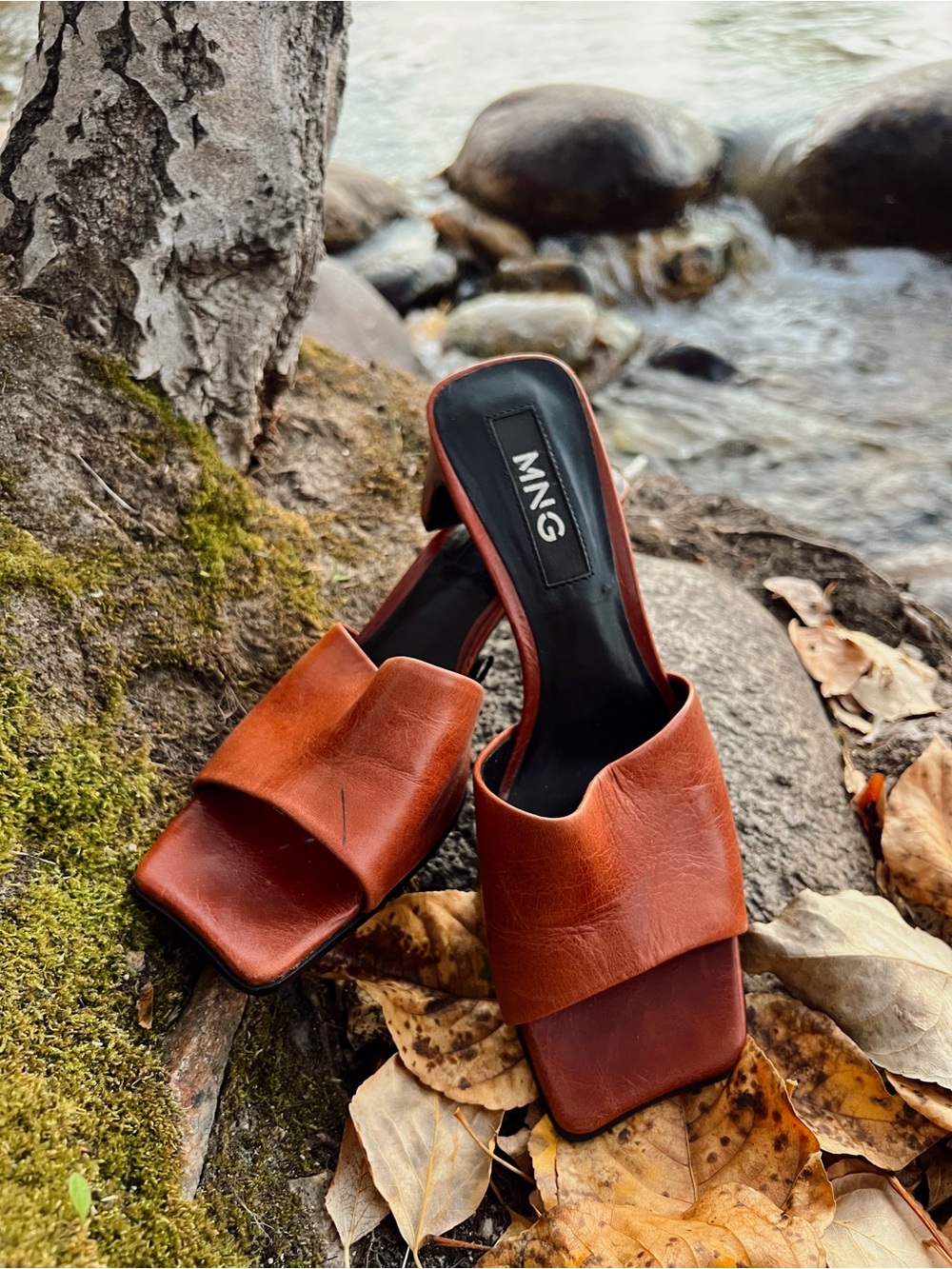 MNG Tan Leather Wedge Slide Sandals